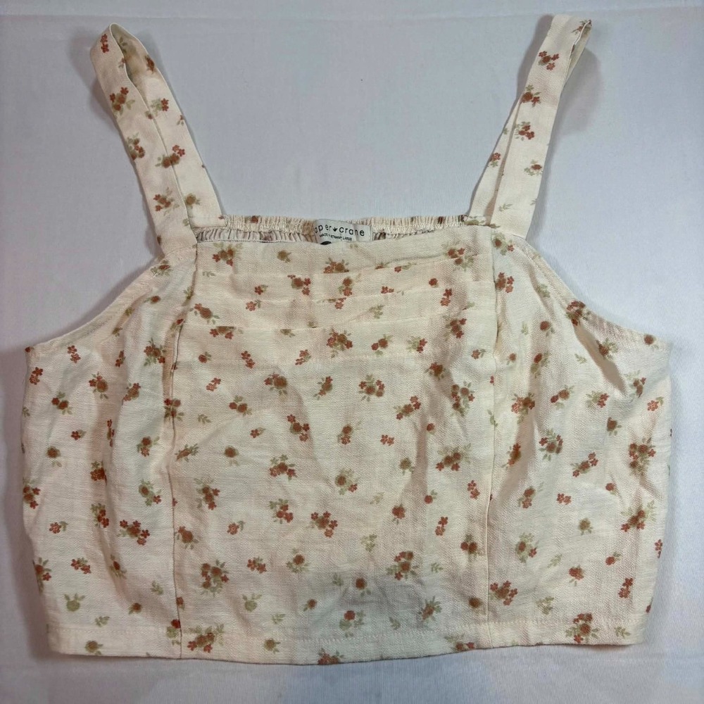 Paper Crane Womens Large L Floral Crop Top Square Neck Smocked Back Tank Cream